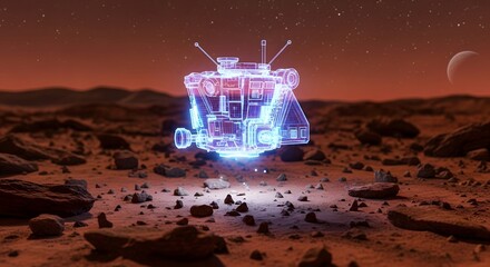 Illustration of holographic futuristic spacecraft landing on a rocky, desolate red planet surface under a starry sky with a crescent moon