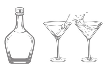 hand drawn engraving vector illustration. alcoholic daiquiri, old fashioned, manhattan, martini, sidecar glass vintage style. Eps 10