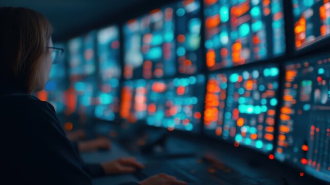 A focused individual monitors multiple screens displaying vibrant data and graphics in a high-tech environment.