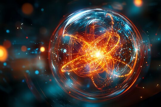 Futuristic Atomic Model Illustration with Glowing Particles and Energy Trails in Dark Space - Powered by Adobe