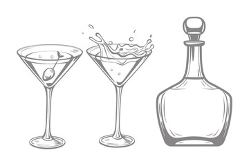 Vintage isolated glass set with with splash drinks. Cocktails alcoholic daiquiri, old fashioned, manhattan, martini, sidecar glass hand drawn engraving vector illustration. Eps 10