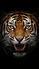 Fototapeta premium A fierce tiger emerging from darkness, emphasizing focus and predatory stance, Earth Day, Fierce Tiger Wildlife