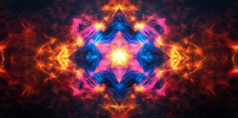 Vibrant Neon Light Symmetrical Abstract Pattern in Bright Colors for Digital Art