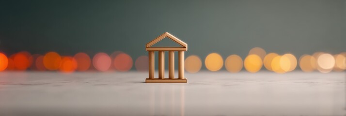 Fototapeta premium A small decorative model of a classical building with columns, set against a blurred colorful background.
