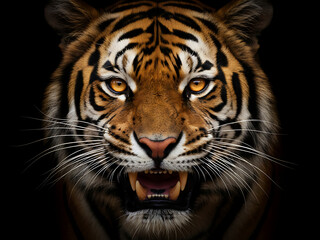 Naklejka premium A fierce tiger emerging from darkness, emphasizing focus and predatory stance, Earth Day, Fierce Tiger Wildlife