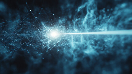 Futuristic blue laser beam with glowing particles and sparks explosion on dark background
