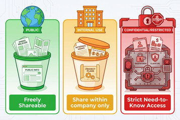 Data Security Levels: data classification levels infographics, depicting varying degrees of accessibility, security, and usage, from public dissemination to confidential restriction.
