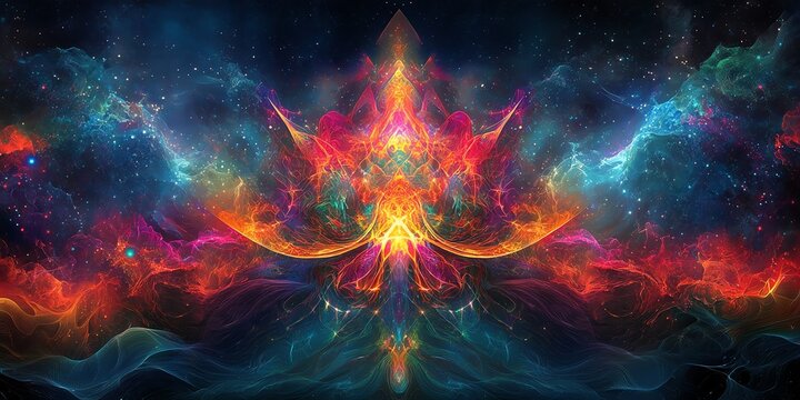 Vivid Colorful Abstract Fractal Artwork with Neon Lights and Cosmic Elements