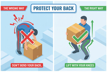 Safe Lifting Guidethe correct and incorrect techniques for lifting a box, emphasizing the importance of back protection.