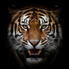Fototapeta premium A fierce tiger emerging from darkness, emphasizing focus and predatory stance, Earth Day, Fierce Tiger Wildlife