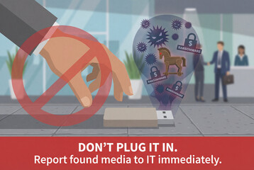 Cyber Threat Warning: a visual alert against digital security threats, depicting a hand reaching towards a USB drive with a clear warning against unauthorized access. Cybersecurity inforgraphics 