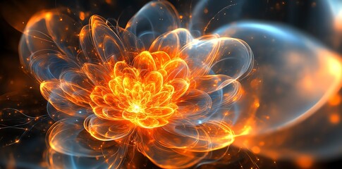 Obraz premium Abstract Fiery Digital Flower with Glowing Orange and Blue Energy Swirls