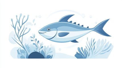 Obraz premium 53.A beautiful vector illustration of a tuna fish in an underwater scene, with clean line art and minimal details, conveying the beauty of marine life and the celebration of World Tuna Day, perfect