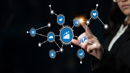 A business professional engages with a digital data visualization interface featuring various graphs and icons, highlighting modern analytics trends and insights. Tessel