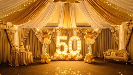 Elegant celebration decor with gold balloons and lit number