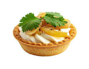 Tart Creamy, topped with fruit and a sprig of cilantro
