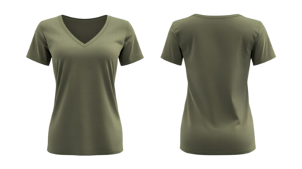 Plain Green Army Women's V-Neck T-Shirt Mockup Front and Back Views 3D Rendering on transparent background