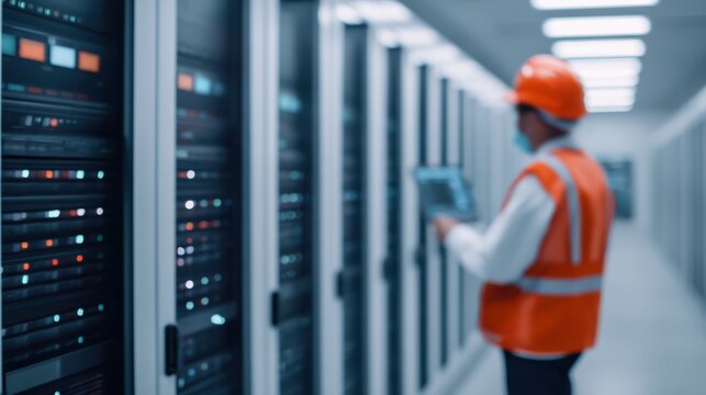 A technician in safety gear monitors servers in a data center, emphasizing technology and infrastructure management.