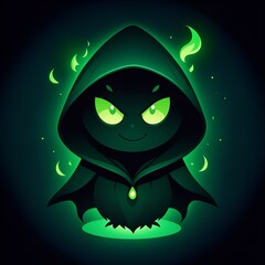Adorable spectral character with glowing green eyes and a mysterious hooded cloak is perfect for spooky season designs and whimsical fantasy projects