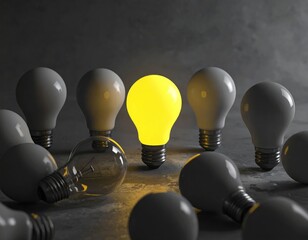 Bright bulb amid others, one clear, concrete background