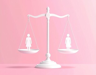 Female figures balanced equally on white scales
