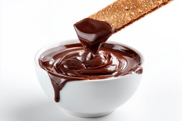 A white bowl filled with dark glossy chocolate sauce into which a biscuit stick is dipped