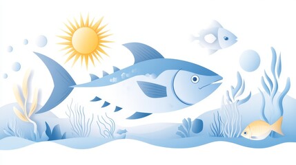 Obraz premium 6.A colorful vector illustration of a large tuna fish swimming in the ocean, with a bright sun shining above and various sea life surrounding it, highlighting the importance of marine conservation on