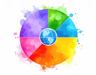 Splattered, watercolor pie chart with Earth globe