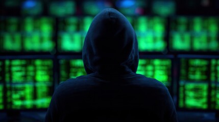 A hooded figure sits before multiple glowing screens, immersed in a digital environment filled with green data and technology.