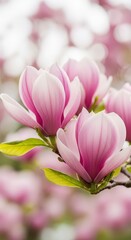 Obraz premium Delicate pink magnolia blossoms in soft focus create a dreamy and serene botanical scene perfect for springtime promotions or elegant floral designs