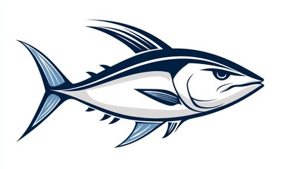 Naklejka premium 15.A stylized vector depiction of a tuna fish with strong, flowing lines to indicate speed, filled with gradient colors ranging from dark blue to light silver, all against a transparent background,