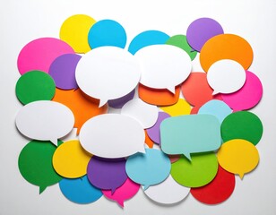 Colorful speech bubbles, diverse hues, piled haphazardly