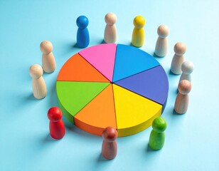 Wood figures surround a colorful pie chart on blue