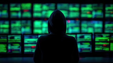 A shadowy figure in a hoodie is seen from behind, facing multiple screens displaying green data and code, creating a mysterious and tech-focused atmosphere.