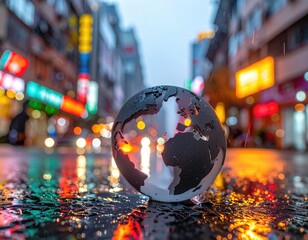 Globe reflects city lights on wet street