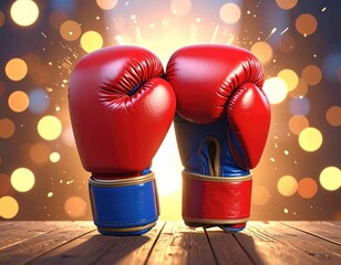 Boxing gloves touch atop wooden stage