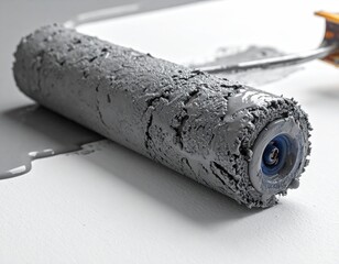 Paint roller, gray paint, on white surface, close-up