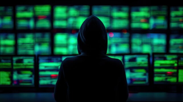 A shadowy figure in a hoodie is seen from behind, facing multiple screens displaying green data and code, creating a mysterious and tech-focused atmosphere.