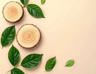 Wood slices & green leaves on tan background, flat lay