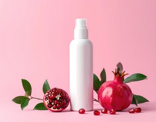 White bottle, pomegranate, and leaves on a pink backdrop