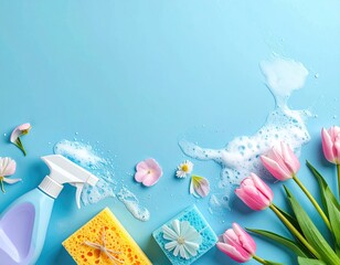 Clean spring tulips, flowers, spray, sponge, bubbles, blue