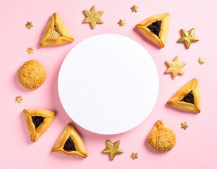 Purim treats frame a blank white circle on pink background