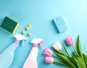 Cleaning supplies and tulips on a light blue background