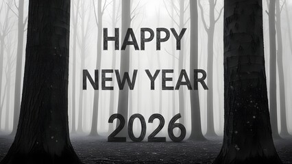 Happy New Year 2026 in a foggy forest