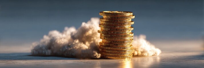 A stack of golden coins rises above a fluffy cloud, creating a striking contrast between wealth and ethereal softness.