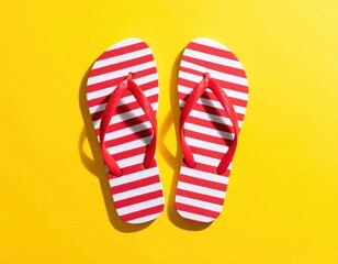 Striped flip-flops, red and white, on vibrant yellow