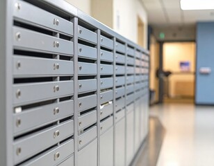 Grey metal mailboxes line corridor; blurred background