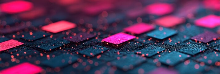 A vibrant, abstract image featuring a close-up view of textured surfaces with glowing patterns in pink and blue hues.