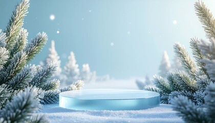 Showcase your winter product on this stunning icy blue podium surrounded by snowy pine trees, perfect for holiday promotions and frosty seasonal campaigns, clean crisp presentation