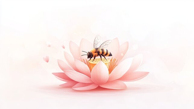 67.A whimsical, yet sophisticated illustration of a bee gently landing on the center of a pink lotus flower, surrounded by soft, pastel colors that evoke a sense of tranquility and harmony.